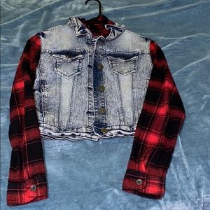 Denim Jacket with flannel sleeves and hood